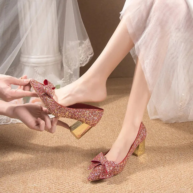 Crystal sequin chunky heel pointed-toe pumps in gold with 4.5cm heel