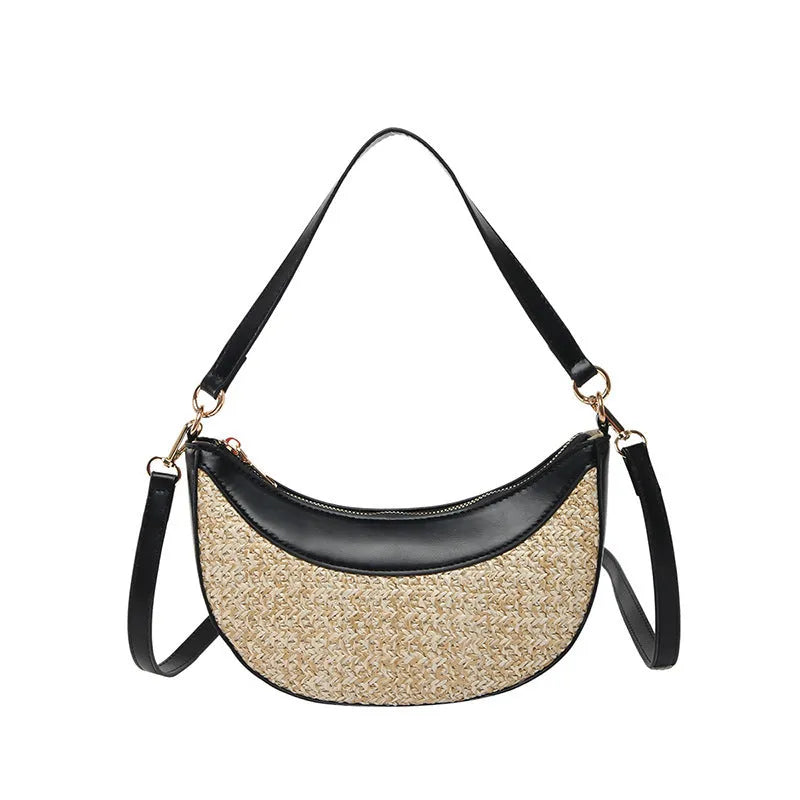 Hard-shell straw dumpling-shaped women's crossbody bag with contrast stitching and interior compartments
