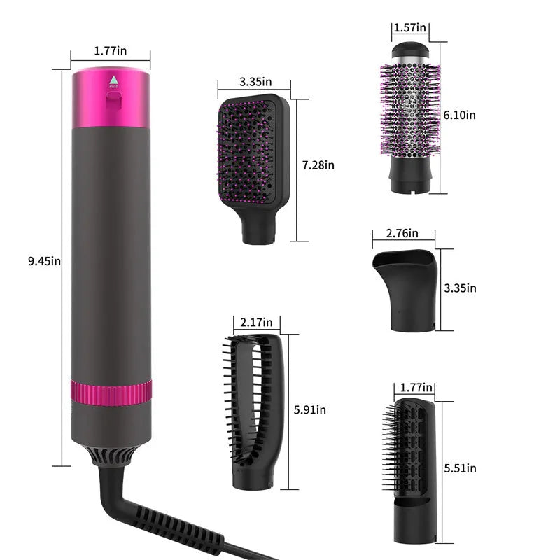 Dyson grey 5 in 1 hair dryer brush styling tool with multiple brush attachments on a white background.