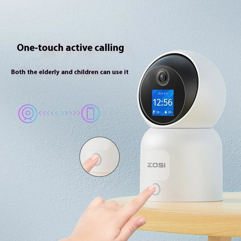 Zhou Shi white wireless indoor security camera with a large screen on the front and a screw-fixed mounting bracket.