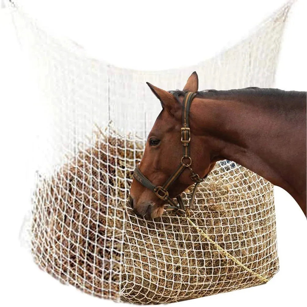 Black woven grid hanging feeding bag for horses and cattle, showing the PE rope construction.