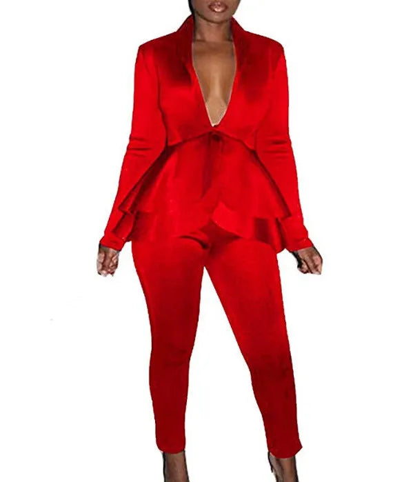 Women's ruffled business suit with pencil pants in polyester fabric, available in eight colours