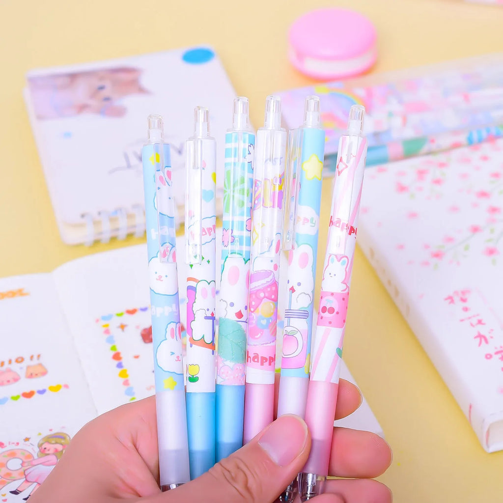 Six cartoon bunny design black ballpoint pens with 0.5mm tips in plastic packaging