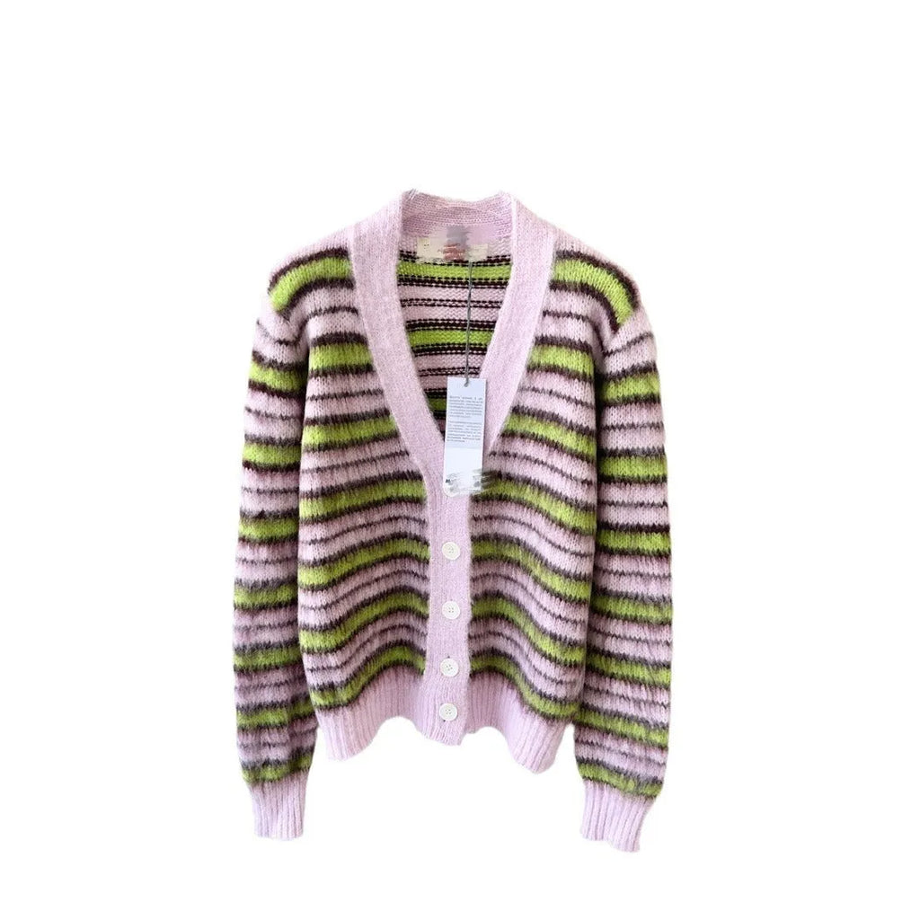 Pink wool knitted cardigan sweater showing cardigan and round-neck pullover style options