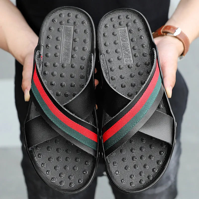 Men's black cowhide leather beach sandals with a non-slip textured PU sole.