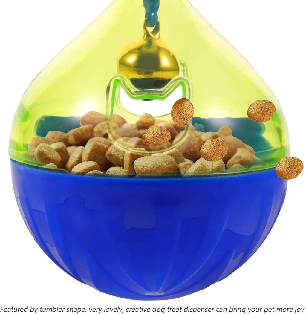 Blue tumbler-shaped pet treat dispenser ball for dogs cats slow feeding toy
