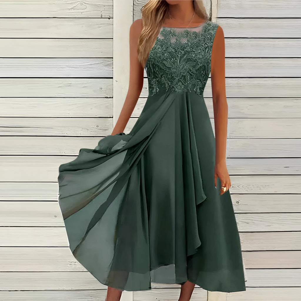 Women's sleeveless chiffon dress with lace hollow-out detailing in green, purple, or blue