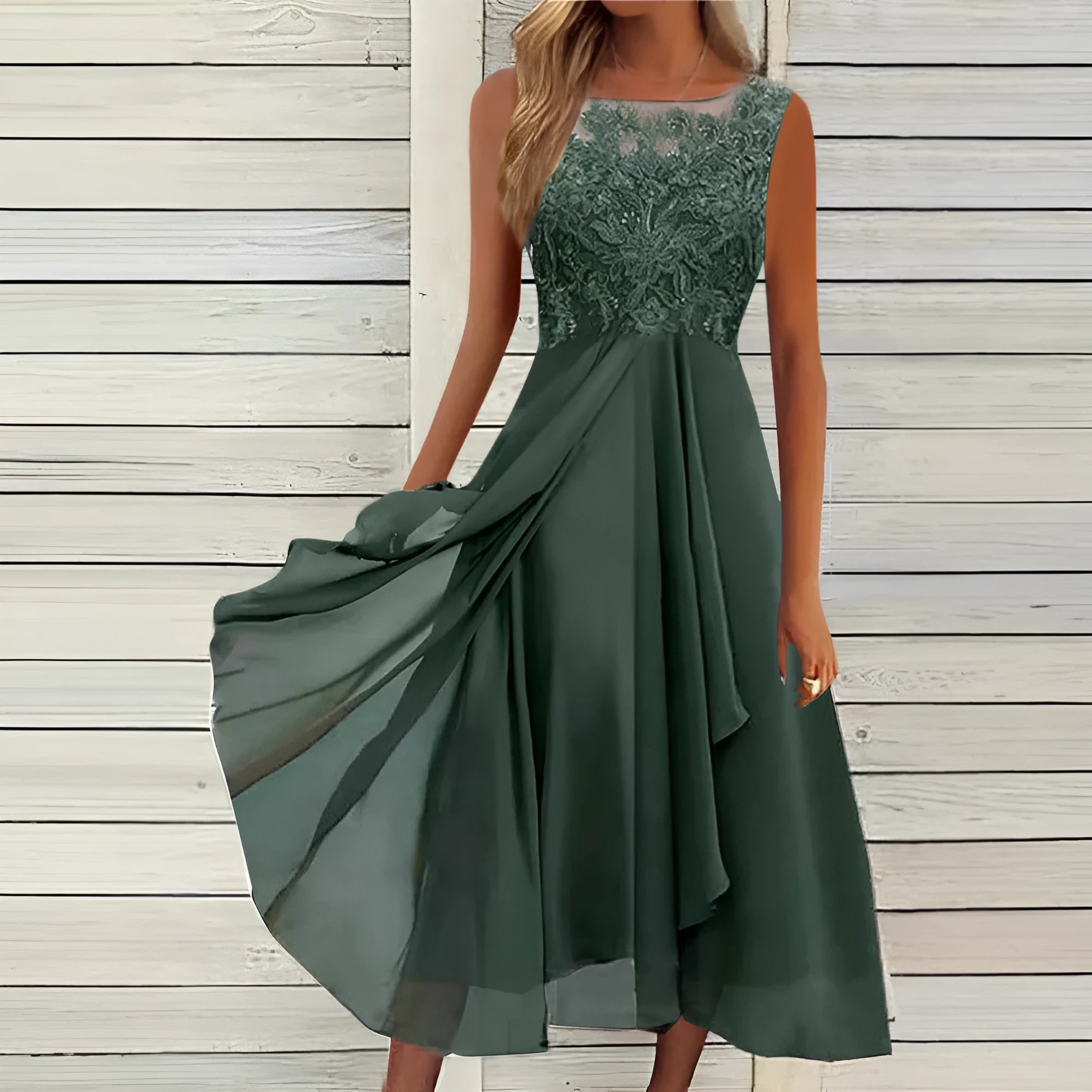 Women's sleeveless chiffon dress with lace hollow-out detailing in green, purple, or blue