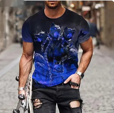 Men's black t-shirt with a large, detailed 3D printed lion design on the front.