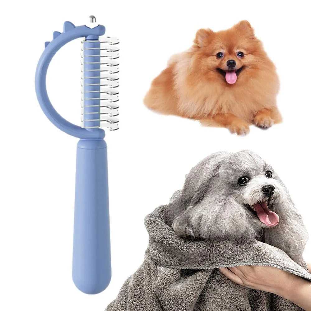 Blue dinosaur-shaped self-cleaning cat brush with double-sided slicker head.