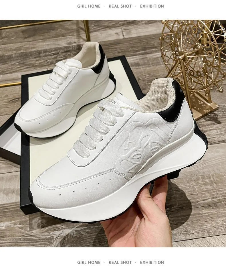 Women's leather sports casual shoes white tail colour, high top raised bottom, two-layer cowhide upper, round toe lace-up