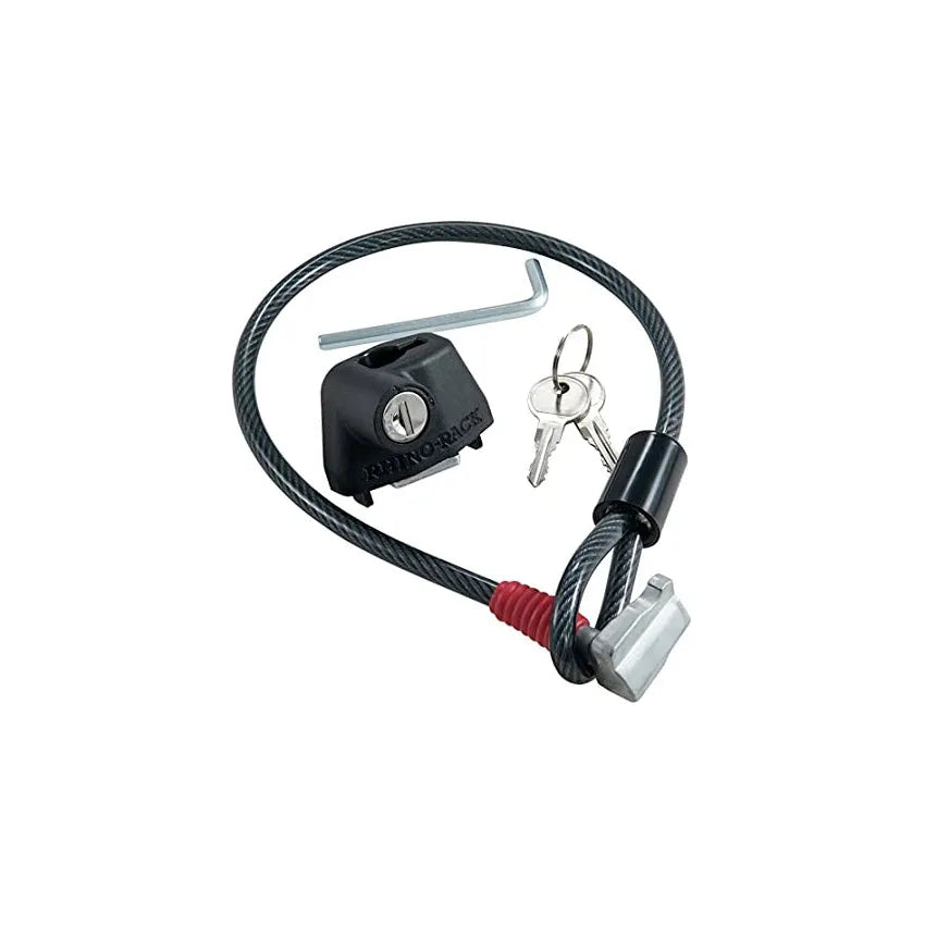 Plastic-sheathed steel cable lock for securing equipment on a vehicle roof platform without drilling.