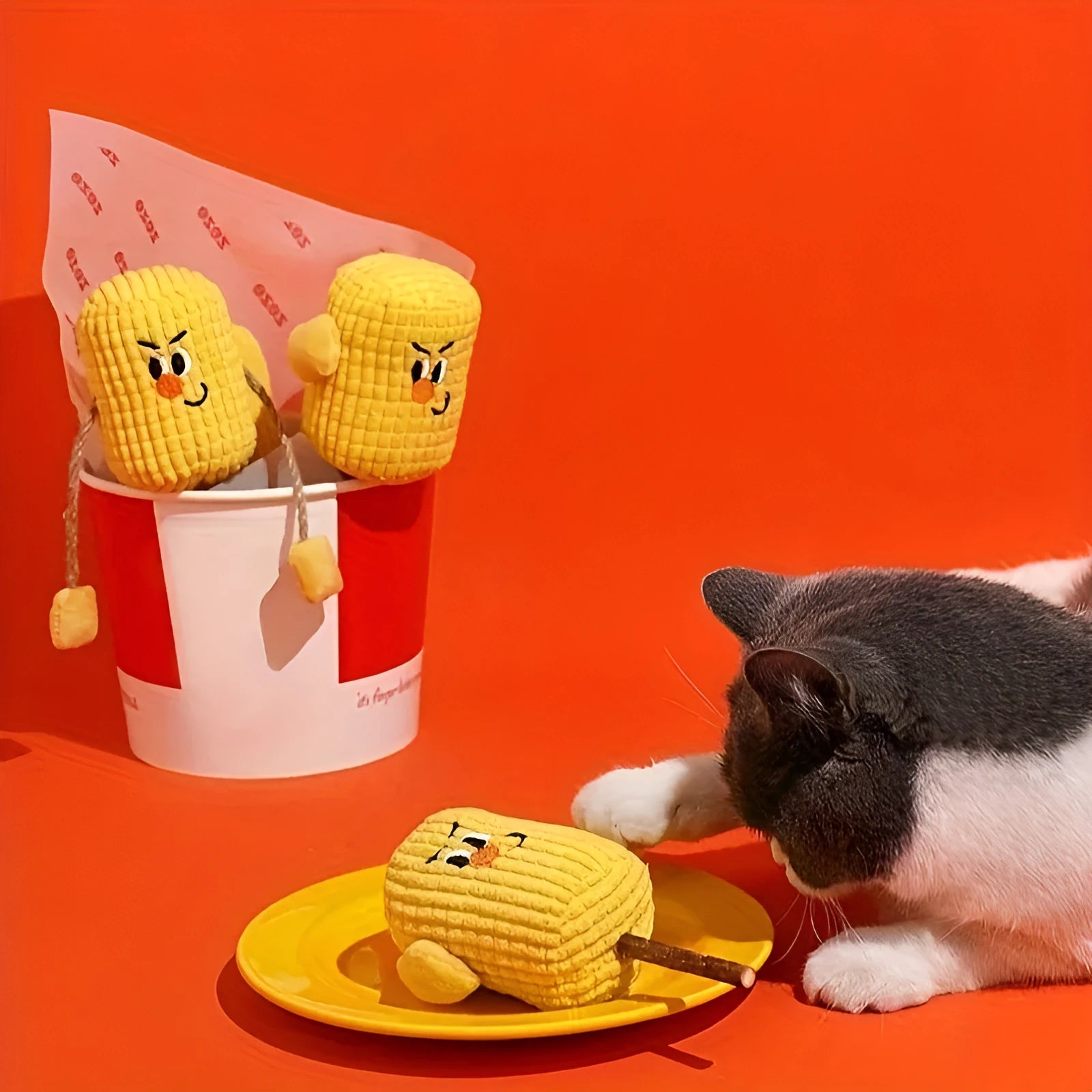 Natural polio wood corn cob shaped cat dental toy with catnip, showing dimensions of 7cm by 6cm by 15cm