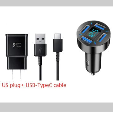 Four-port USB car charger with LED digital display showing compact black design