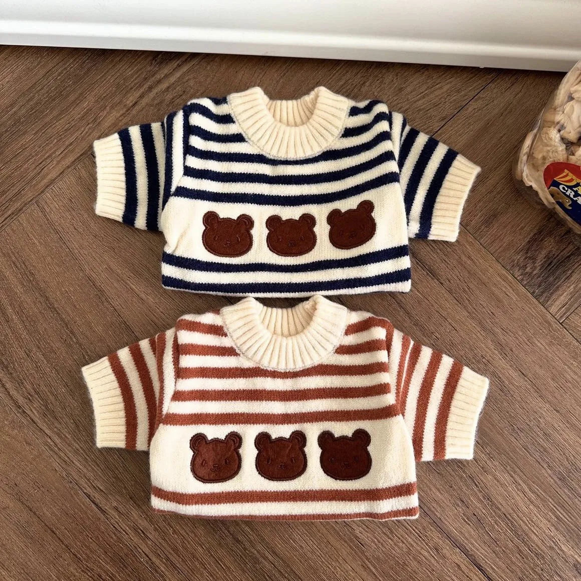 Korean style pet knitted sweater in navy blue stripes, warm wool fabric for dogs, autumn winter wear