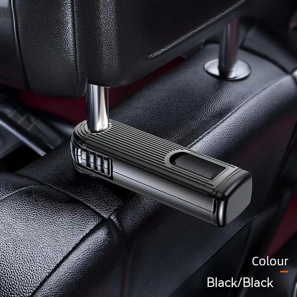 Car seat back rotating hook bracket for General Motors rear headrest, vertical screen mount, buckle type, black