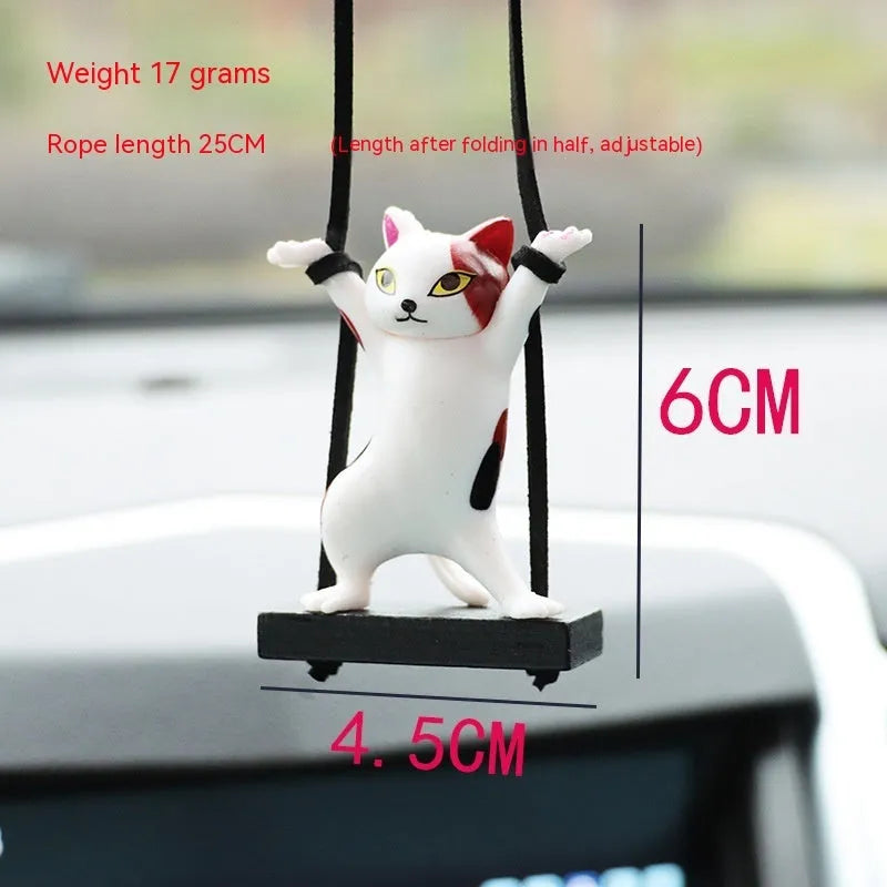 Cartoon-style resin cat pendant on a rope for car interior decoration