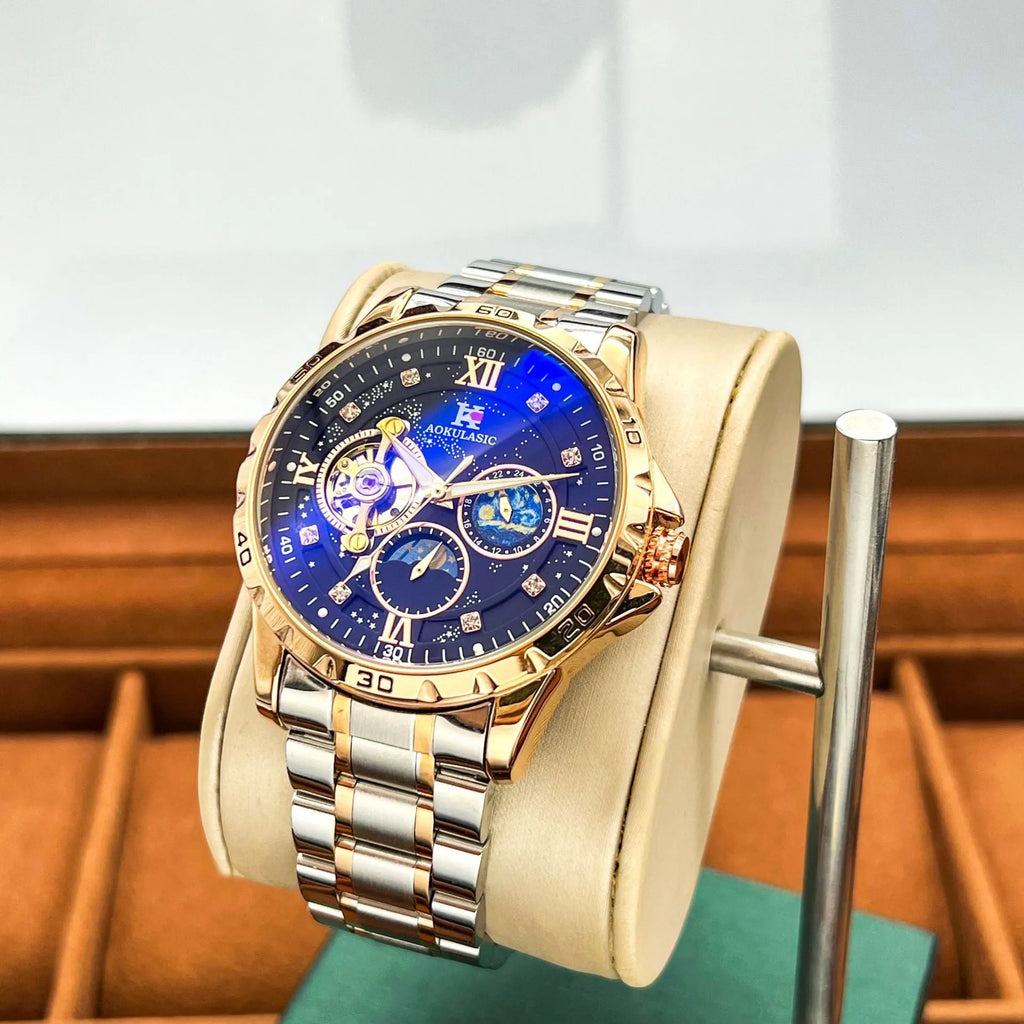 Men's rose gold automatic mechanical watch with black dial and 12mm thickness
