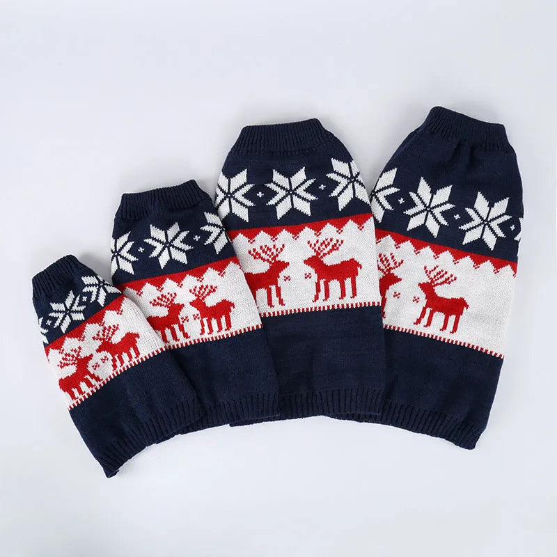 Navy blue knitted Christmas dog sweater with European style design on pet