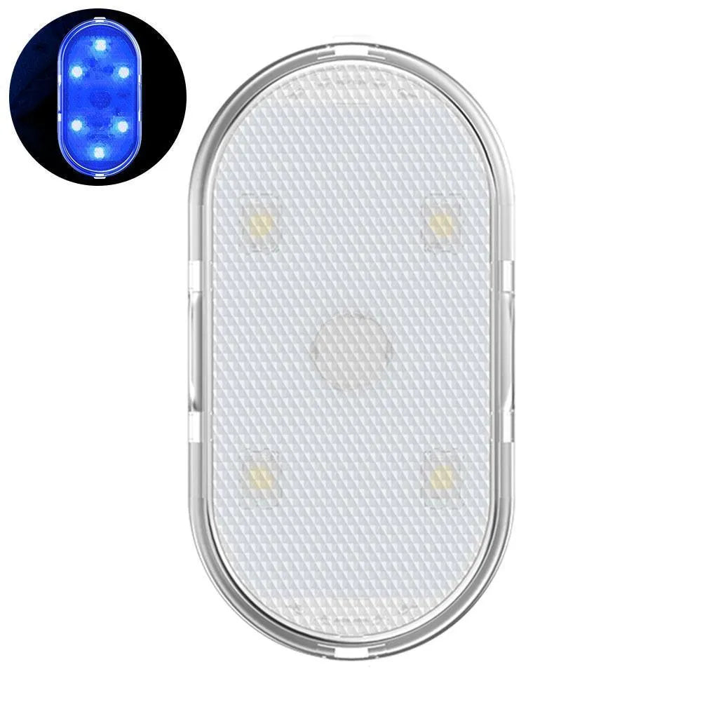 Touch-sensitive USB rechargeable car atmosphere lamp showing ice blue LED light with Velcro mount