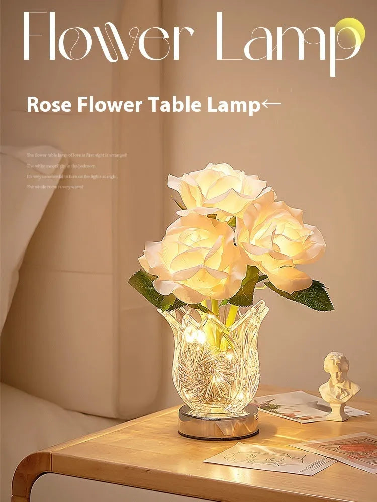 Crystal flowers rechargeable touch control table lamp with infinite dimming on bedside table