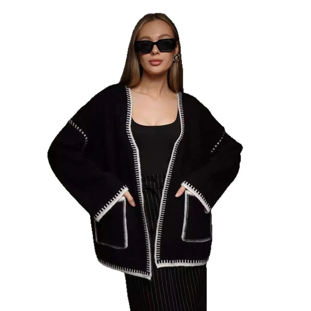 Lace-up front knitted cardigan in black camel or white colours with loose fit and long sleeves