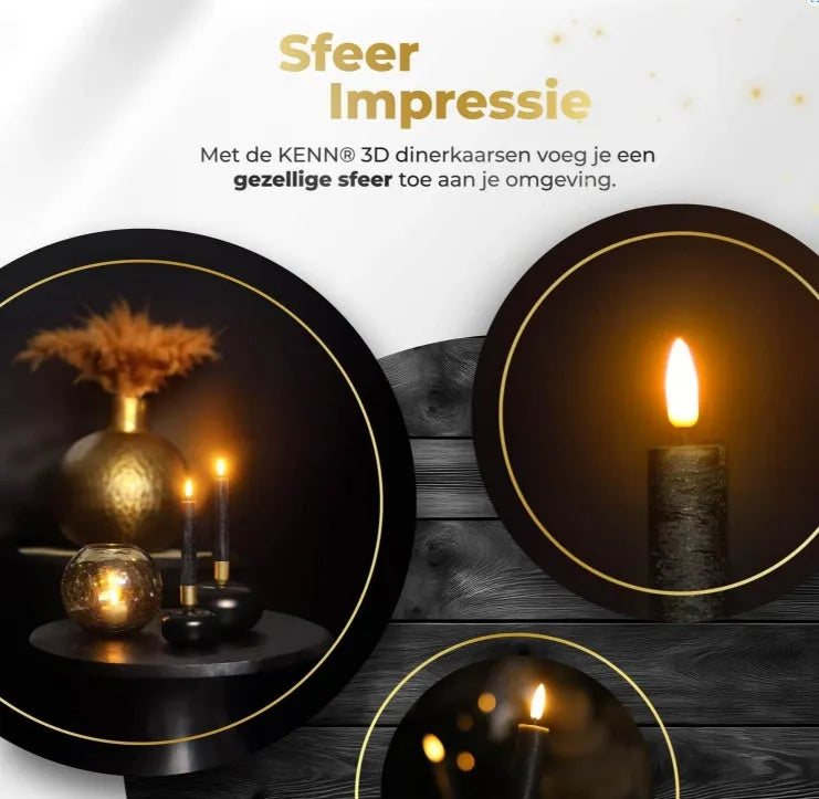 Four black LED taper candles with realistic 3D flame effect, showing measurements of 2.2cm diameter by 18cm height