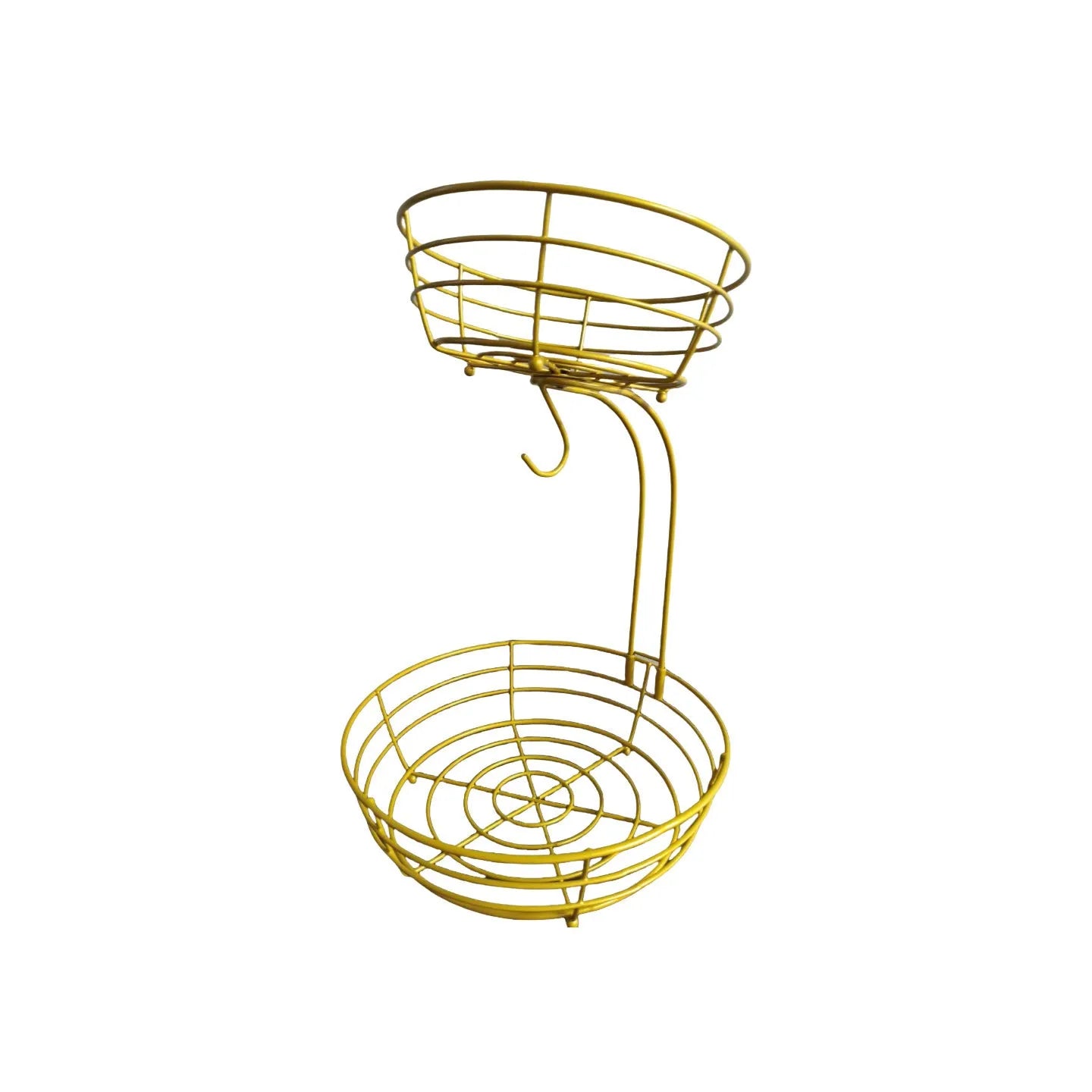 Double-layer black wrought iron fruit basket with two open storage tiers.