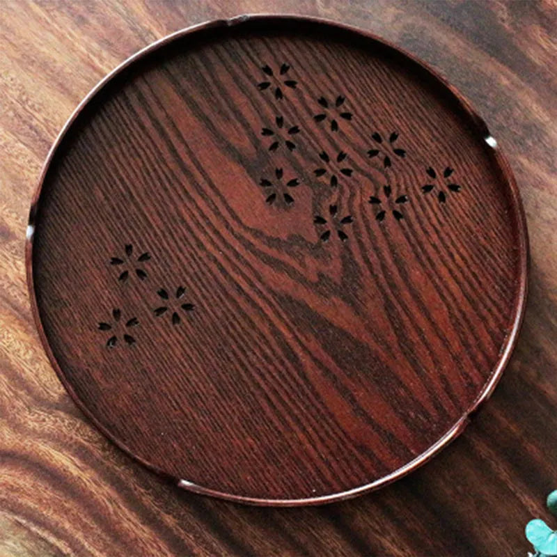 Wooden dessert plate with hollow sakura cherry blossom pattern, 30cm diameter, 2cm depth