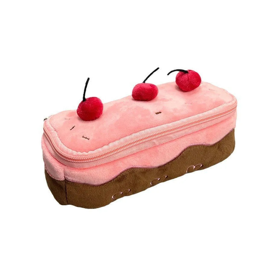 Cherry Cake design plush velvet pencil case with a zip closure.