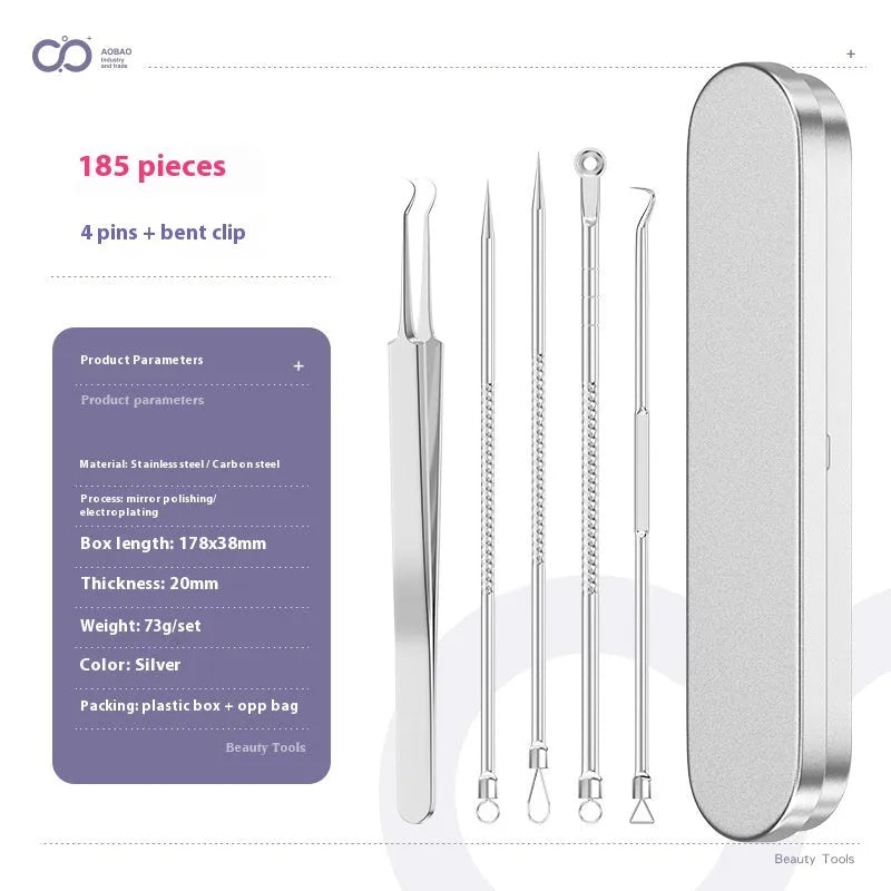 Four silver metal acne needles with ultra-fine pointed tips for skincare extraction.