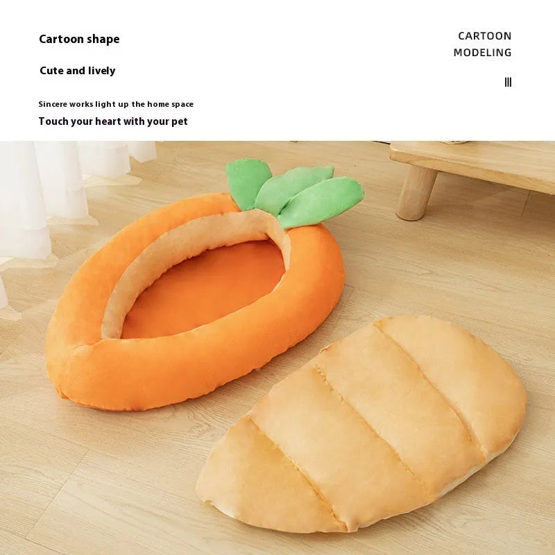 Carrot-coloured cartoon pattern double-sided dog mattress with removable cloth cover.