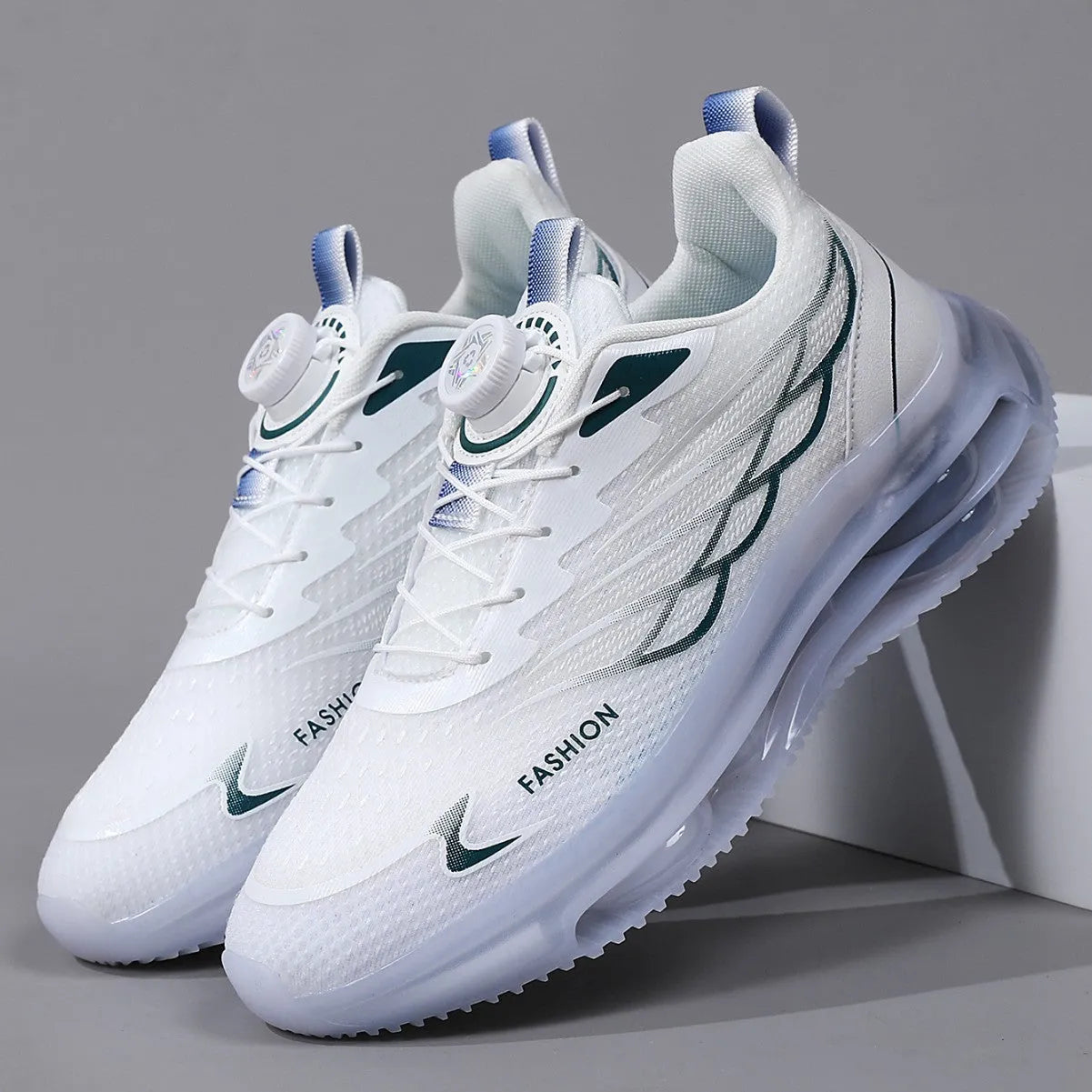 White mesh casual running shoes with rubber sole and lace-up front