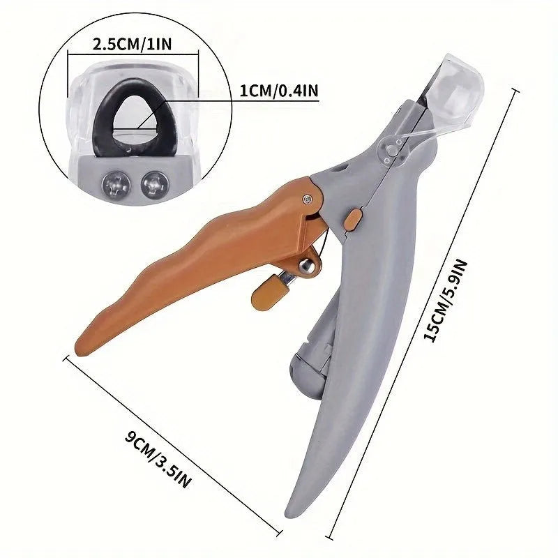 Yellow LED pet nail trimmer with magnifying glass and light-up head for trimming cat and dog nails.