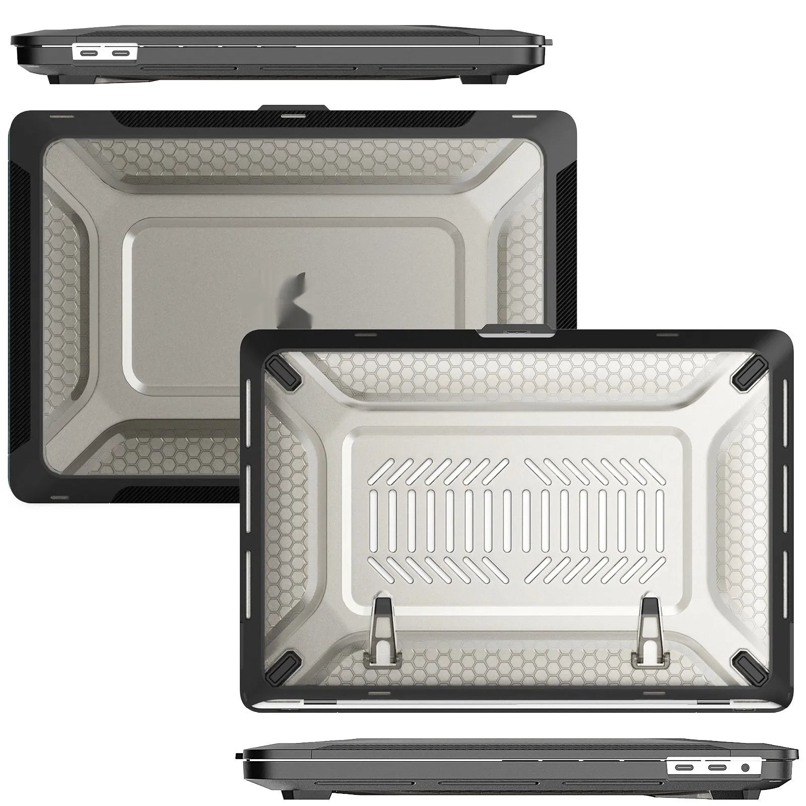 MacBook protective shell case in cold black, starry sky grey, elegant apricot, and sapphire blue colours for Air and Pro models.