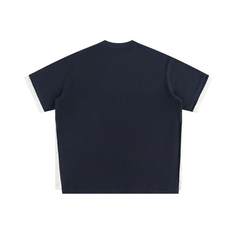 Retro alphabet embroidered loose waffle t-shirt in navy blue, white flower gray, or yellow colours