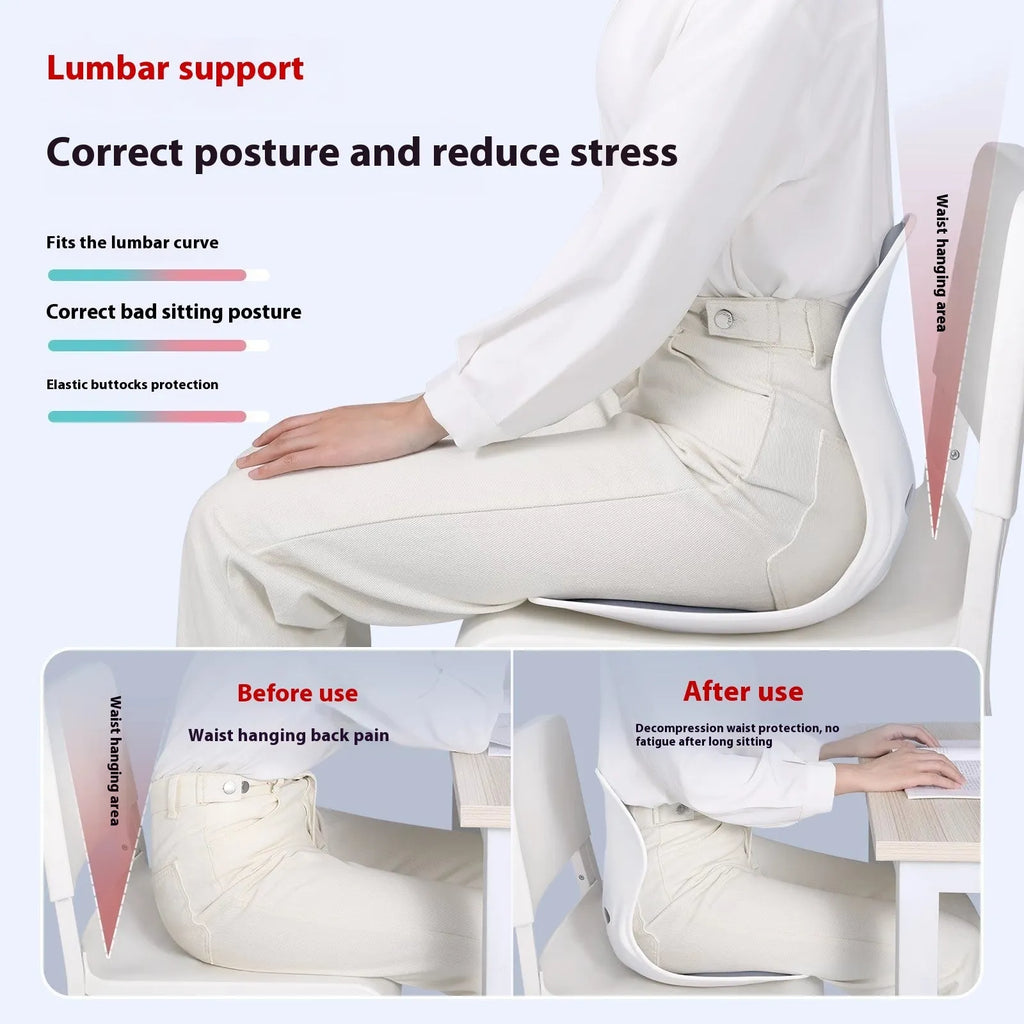 Grey and black waist support seat cushion with sponge filler for lumbar support.