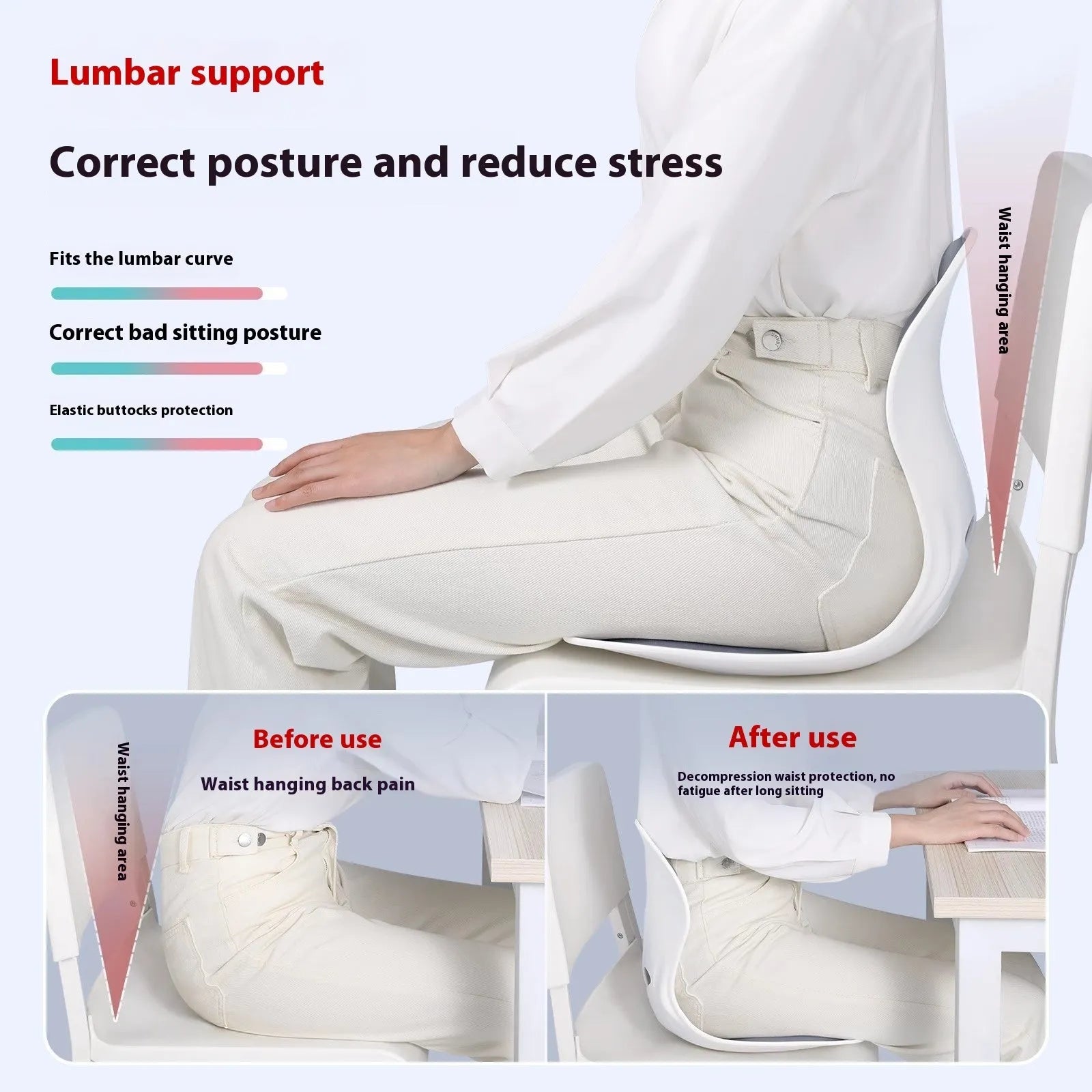 Grey and black waist support seat cushion with sponge filler for lumbar support.