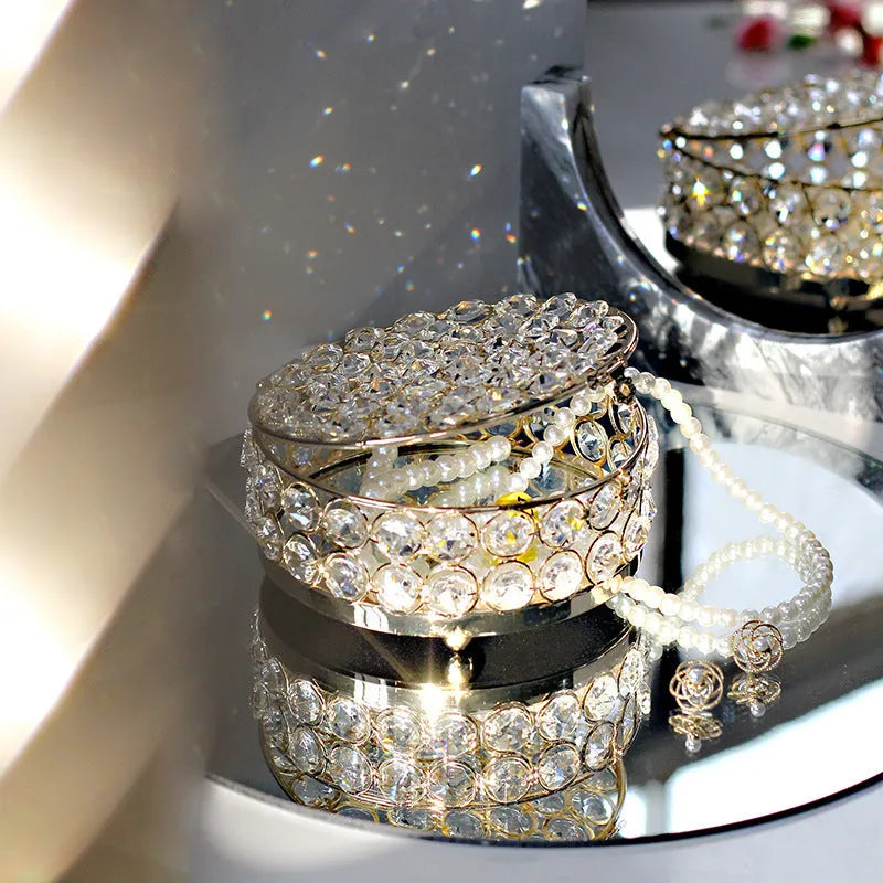 French gold metal jewellery storage box with transparent crystal glass lid and European decorative styling