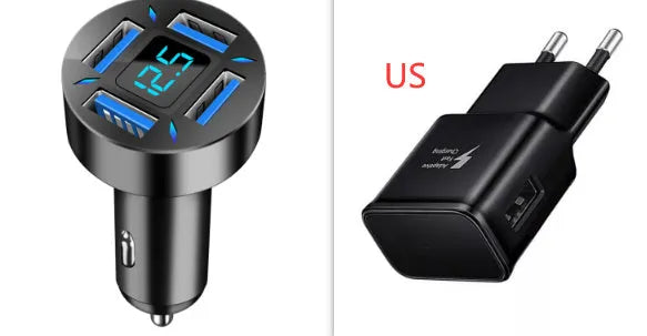 Four-port USB car charger with LED digital display showing compact black design