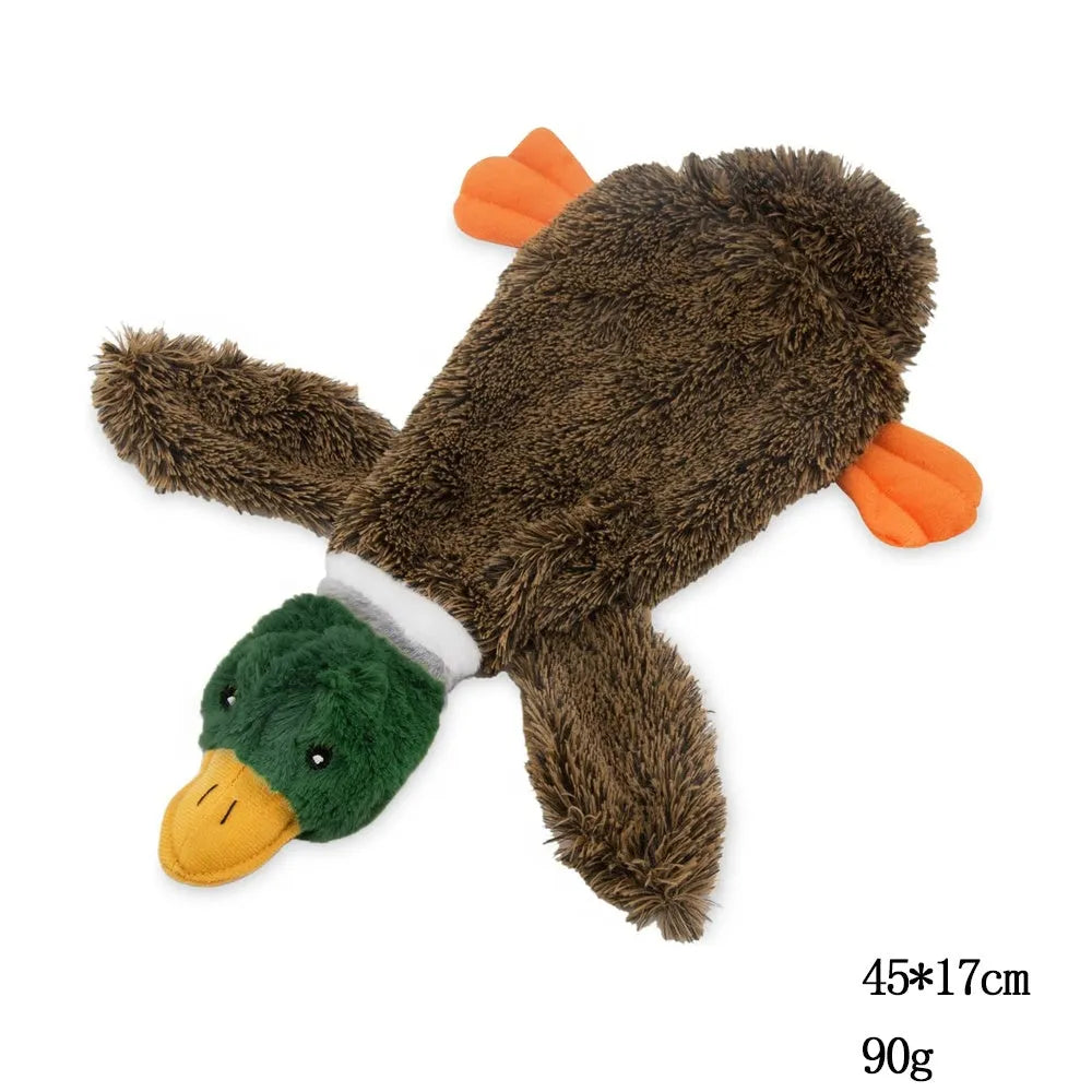 Green stuffless plush dog toy shaped like a wild duck with two squeakers.