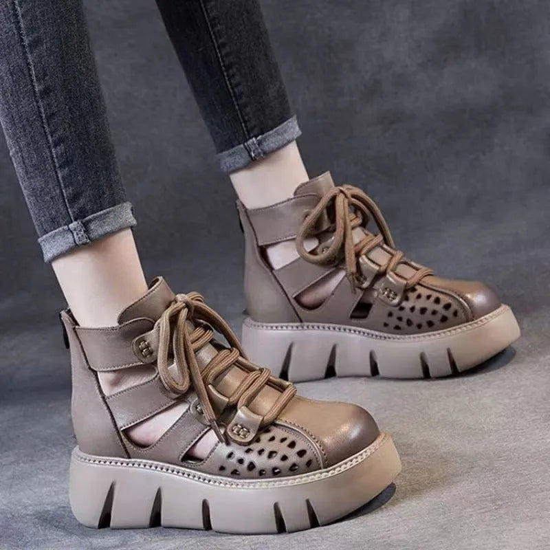 Women's black platform sandals with hollow hole design and fish mouth toe shape