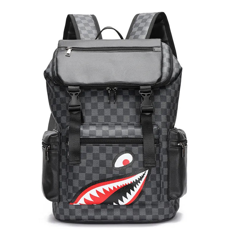 Korean casual checkered printed large capacity backpack in PU leather with curved shoulder strap