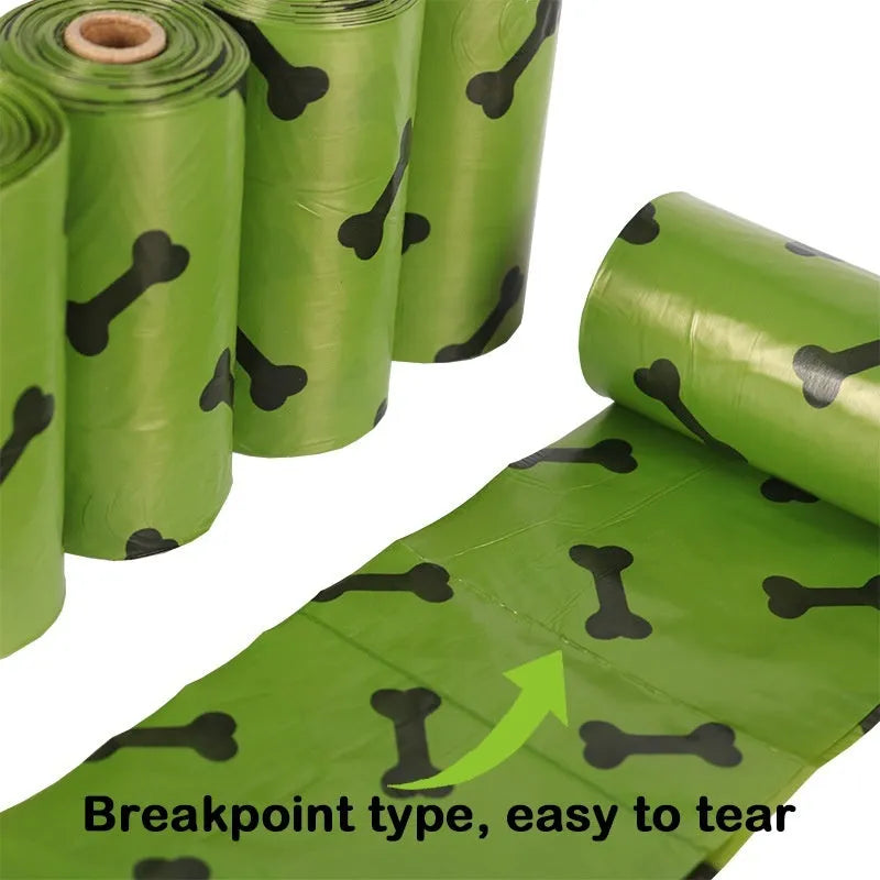 Military green degradable dog poop bags with black bone print, 23cm by 33cm size