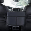 Black leather car seat hanging storage bag with tissue box between car armrests