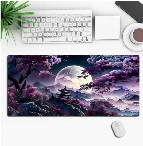 Large custom anime print gaming mouse pad on a desk with keyboard and mouse.