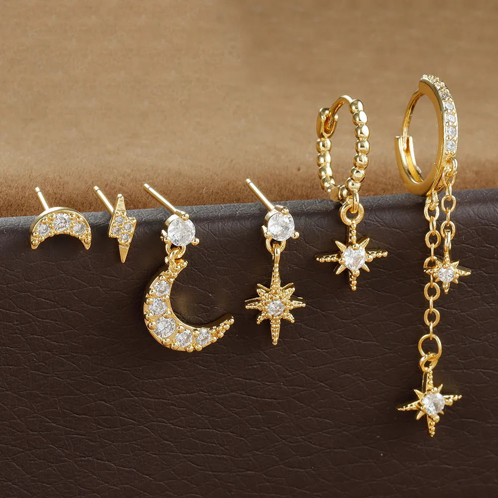 XingX six pairs of gold chain tassel drop earrings with zircon stones on copper