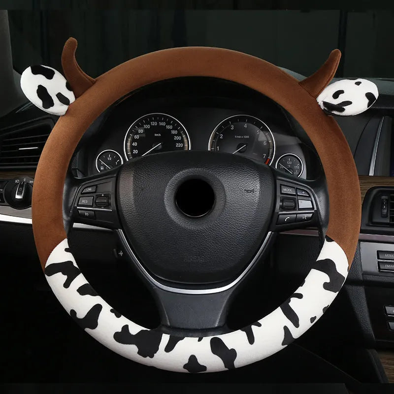 Short plush car steering wheel cover showing protective handle design in black colour