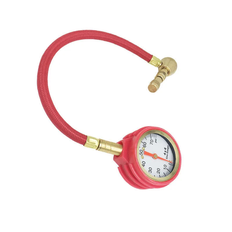 Mechanical automobile tyre pressure gauge with metal body and rubber shell in red, black, and silver finishes.