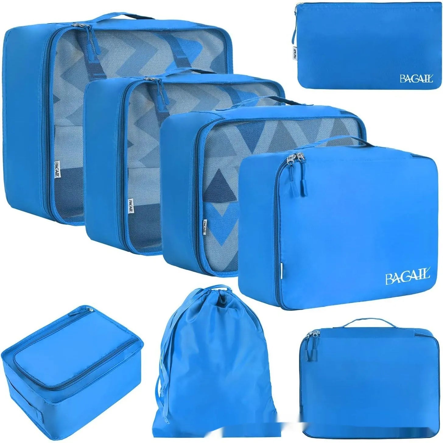 Set of eight cubic-shaped travel packing bags in assorted colours including beige, black, pink, and leopard print patterns.